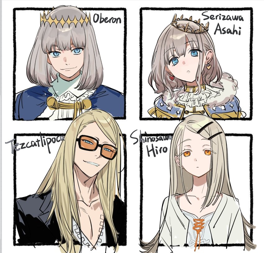 2boys 2girls black_jacket blonde_hair blue_cloak blue_eyes camisole cape cardigan cloak collar collared_shirt colored_eyelashes crown diamond_hairband earrings fate/grand_order fate_(series) flipped_hair frilled_collar frills fur-trimmed_cape fur-trimmed_cloak fur_trim gakuen_idolmaster grey_hair hair_ornament hairclip heart heart_earrings highres idolmaster idolmaster_shiny_colors jacket jewelry long_hair looking_at_viewer medium_hair multiple_boys multiple_girls oberon_(fate) orange-tinted_eyewear orange_eyes raychelsoo serizawa_asahi shinosawa_hiro shirt smile sunglasses tezcatlipoca_(fate) tinted_eyewear v-neck white_camisole white_cardigan white_shirt