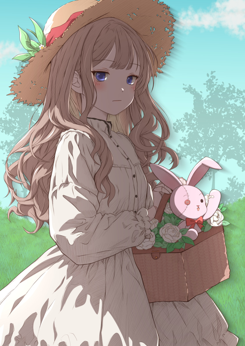 1girl basket blue_eyes blue_sky blush bow brown_hair buttons closed_mouth cloud commentary_request cowboy_shot day double-parted_bangs dress expressionless field flower flower_basket frilled_dress frilled_sleeves frills grass hair_over_shoulder hat hat_flower hat_ribbon highres holding holding_basket long_hair long_sidelocks long_sleeves looking_at_viewer mikan_mizu original outdoors red_bow red_ribbon ribbon rose shadow sidelocks sky solo standing straw_hat stuffed_animal stuffed_rabbit stuffed_toy sunlight tree wavy_hair white_dress white_flower white_rose