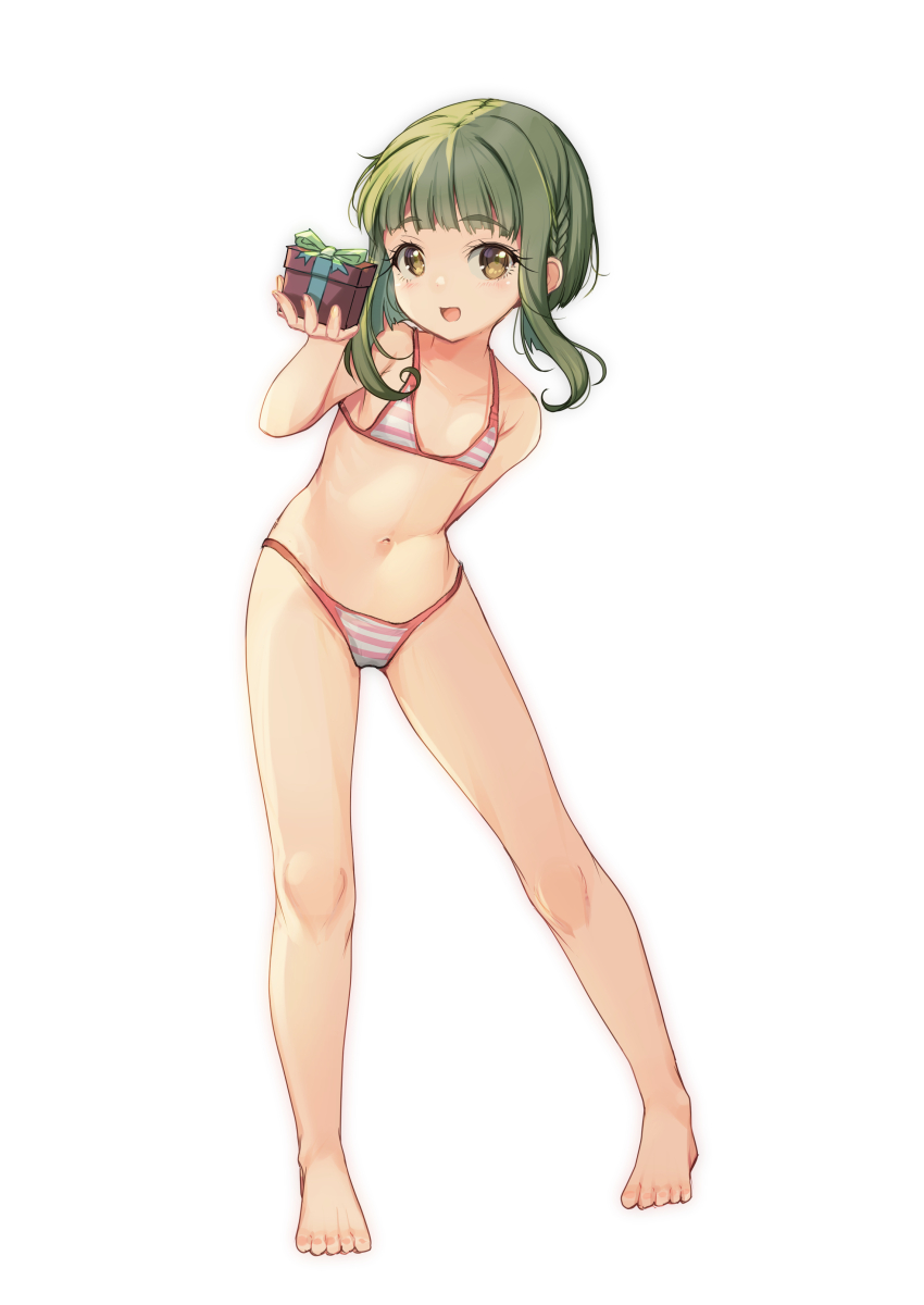 1girl absurdres barefoot bikini blunt_bangs bob_cut box breasts brown_eyes dress full_body gift gift_box green_hair hat highres holding kantai_collection pink_bikini red_trim short_hair short_hair_with_long_locks sidelocks small_breasts smile solo striped_bikini striped_clothes swimsuit takanami_(kancolle) white_background yashin_(yasinz)