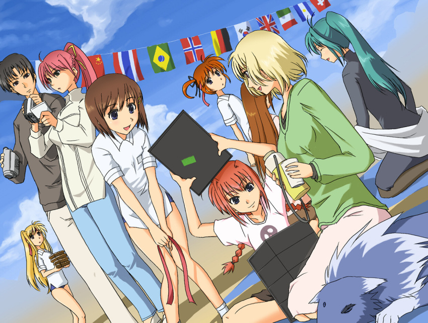 00s 1boy 6+girls bento black_hair blonde_hair braid brown_hair camcorder chrono_harlaown closed_eyes dutch_angle fate_testarossa flag flags_of_all_nations forehead_jewel green_hair gym_uniform hair_ornament hair_ribbon lindy_harlaown long_hair lyrical_nanoha mahou_shoujo_lyrical_nanoha mahou_shoujo_lyrical_nanoha_a&#039;s multiple_girls orange_hair pantyhose pink_hair ponytail red_hair ribbon shamal short_hair signum string_of_flags takamachi_momoko takamachi_nanoha takamachi_shirou thermos twin_braids twintails union_jack video_camera vita_(nanoha) wolf x_hair_ornament yagami_hayate zafira