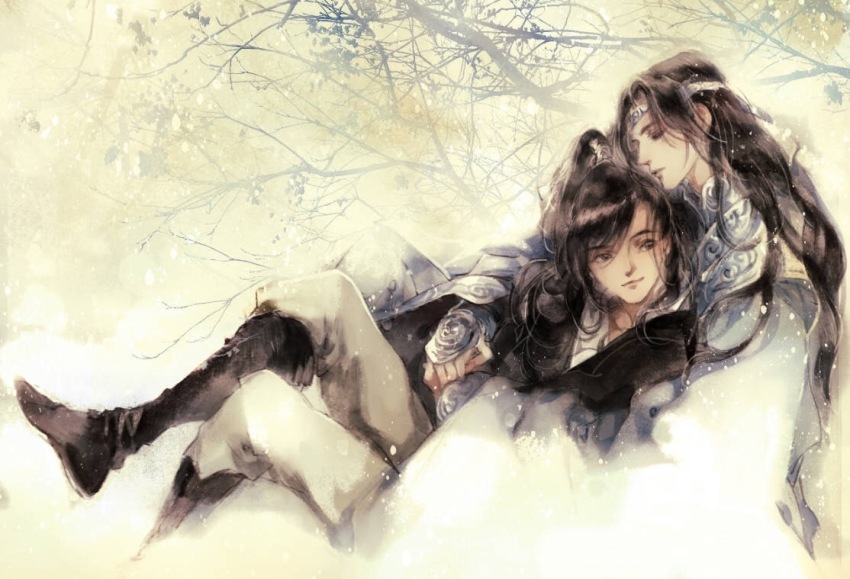 2boys bare_tree black_boots black_eyes black_hair black_hanfu boots chinese_clothes closed_eyes closed_mouth couple faux_traditional_media flower hanfu headband high_ponytail hug hug_from_behind ink_wash_painting kcllzas163 lan_wangji light_particles long_hair looking_at_another male_focus modao_zushi multiple_boys pants ponytail robe sitting sleeves_past_wrists smile snow third-party_source tree wei_wuxian white_hanfu white_headband white_pants wide_sleeves xiao_guan_(headdress) yaoi