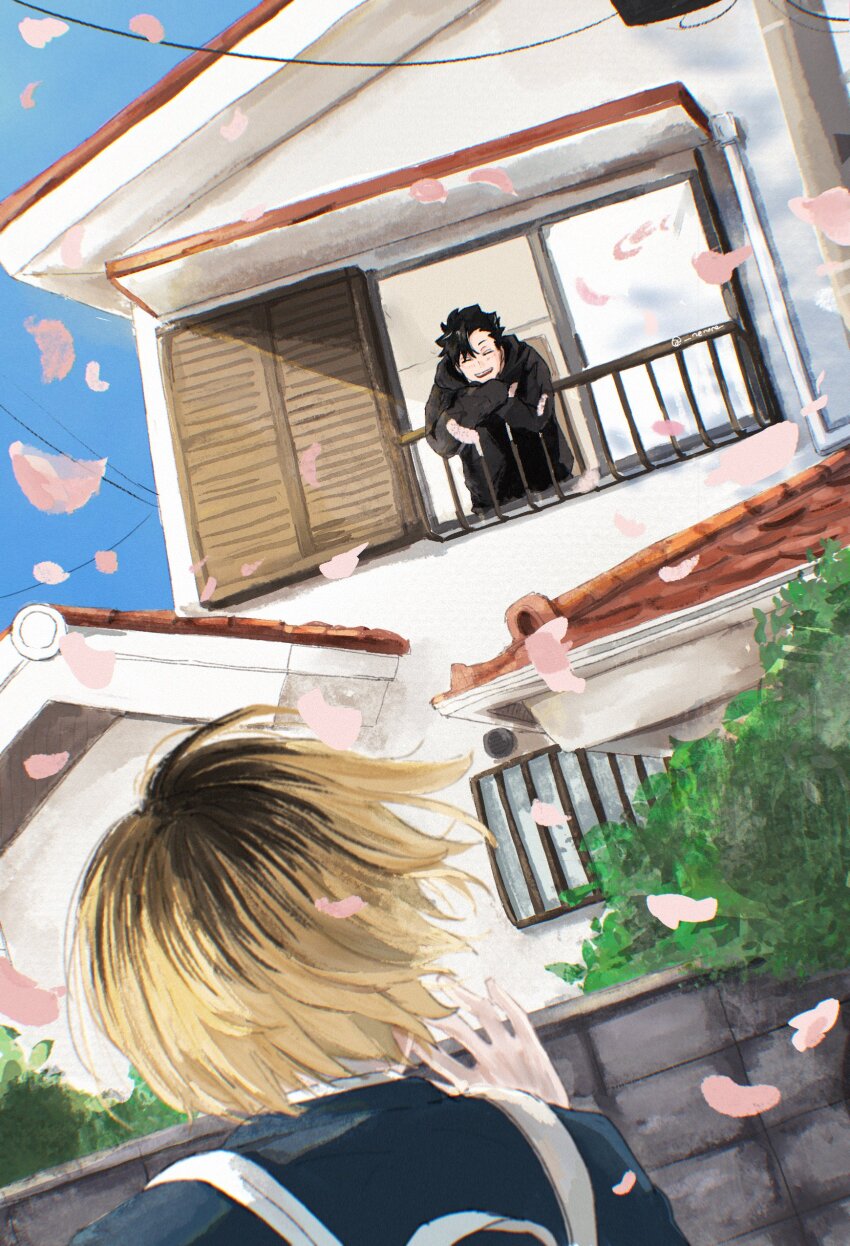 2boys absurdres against_railing arm_up black_hair black_hoodie black_jacket blonde_hair building cherry_blossoms closed_eyes commentary_request crossed_arms falling_petals floating_hair haikyuu!! highres hood hood_down hoodie house jacket kozume_kenma kuroo_tetsurou long_sleeves male_focus multicolored_hair multiple_boys nenene open_mouth open_window outdoors petals railing roots_(hair) short_hair slice_of_life smile stone_wall teeth tree two-tone_hair upper_teeth_only waving window