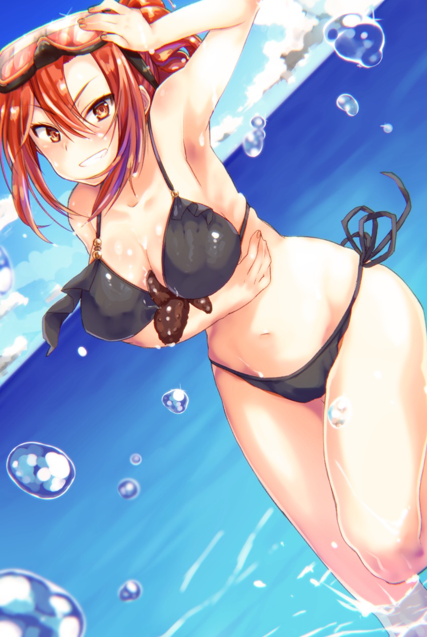 1girl aozaki_touko armpits between_breasts bikini black_bikini blush breast_hold breasts cleavage curvy female_focus gradient_background grin highres kamehima kara_no_kyoukai large_breasts long_hair looking_at_viewer navel ponytail red_eyes red_hair smile solo swimsuit thighs wide_hips