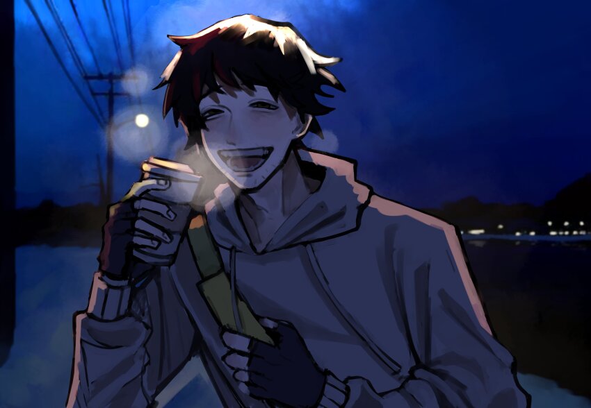 1boy absurdres backlighting black_gloves black_hair commentary cry_of_fear cup disposable_coffee_cup disposable_cup facial_hair fingerless_gloves gloves goatee_stubble grey_hoodie highres holding_strap hood hood_down hoodie ji01_jiji lens_flare looking_at_viewer male_focus mountainous_horizon night power_lines short_hair simon_henriksson skyline solo stubble upper_body