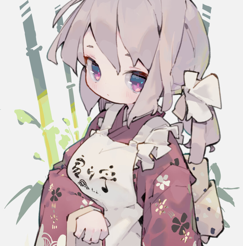 1girl absurdres apron back_bow bamboo blush bow breasts brown_hair closed_mouth commentary_request dated_commentary expressionless eyebrows_hidden_by_hair floral_print hair_ribbon highres japanese_clothes kimono long_sleeves medium_breasts medium_hair nep_(nep_76) original print_kimono red_eyes red_kimono ribbon solo upper_body white_apron white_ribbon wide_sleeves