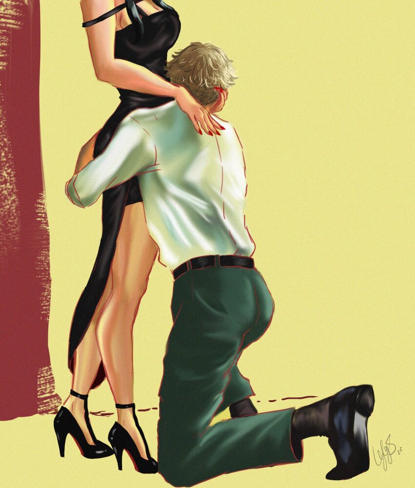 1boy 1girl back black_dress black_shoes black_socks blonde_hair briarslyly commentary dress english_commentary high_heels highres hug on_one_knee shirt shoes signature socks spy_x_family twilight_(spy_x_family) undercut white_shirt yor_briar