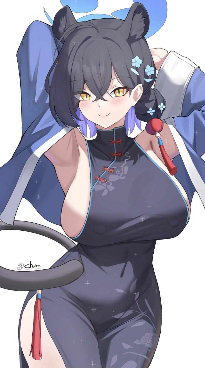 1girl absurdres animal_ears armpits arms_up black_dress black_hair blue_archive blue_halo blush breasts china_dress chinese_clothes closed_mouth colored_inner_hair covered_erect_nipples dress extra_ears hair_between_eyes hair_bun hair_ornament halo highres kaguya_(blue_archive) kurochomo large_breasts lips looking_at_viewer multicolored_hair purple_hair sideboob simple_background single_hair_bun slit_pupils smile solo white_background yellow_eyes
