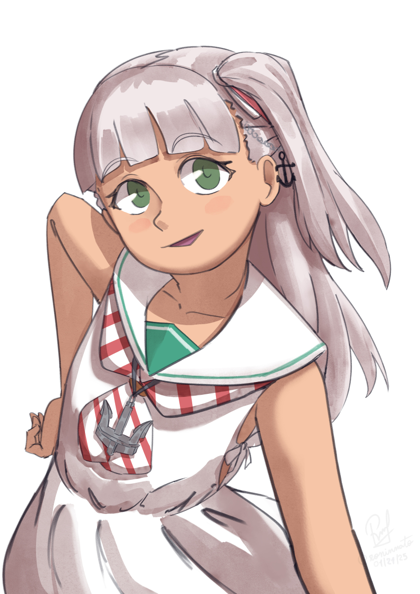 1girl absurdres anchor_hair_ornament blunt_bangs dress green_eyes grey_hair hair_ornament highres kantai_collection looking_at_viewer low-cut_armhole maestrale_(kancolle) neckerchief one-hour_drawing_challenge one_side_up ron_(pixiv83091338) sailor_collar sailor_dress side-tie_dress side_ponytail simple_background sleeveless sleeveless_dress solo striped_neckerchief tan white_background white_sailor_collar
