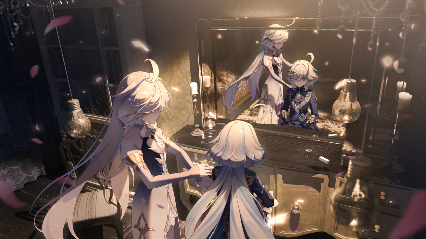 2girls absurdres ahoge ascot blue_ascot blue_eyes blue_hair blue_jacket brushing_another&#039;s_hair brushing_hair candle candlestand closed_mouth comb commentary_request dress drop-shaped_pupils expressionless falling_petals floating_hair furina_(genshin_impact) genshin_impact hair_over_one_eye highres holding holding_comb hydro_symbol_(genshin_impact) indoors jacket light_bulb long_hair long_sleeves looking_at_another looking_at_mirror mirror multicolored_hair multiple_girls ouji_fashion petals reflection shibajun sitting standing streaked_hair symbol-shaped_pupils table vanity_table vision_(genshin_impact) white_hair wooden_floor
