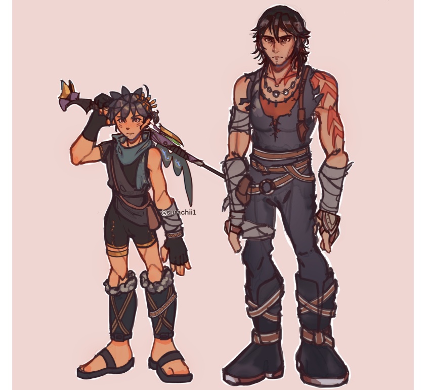 2boys ahoge alternate_costume arm_tattoo arm_up artist_name belt bike_shorts black_hair brown_belt closed_mouth collarbone commentary dark-skinned_male dark_pit dark_pit_staff_(kid_icarus) dark_skin english_commentary facial_hair frown full_body gold_thighlet gold_trim hair_between_eyes height_difference highres holding holding_weapon jewelry kid_icarus kid_icarus_uprising laurel_crown magnus_(kid_icarus) male_focus mature_male medium_hair multiple_boys muscular muscular_male necklace nintendo sandals short_hair shoulder_tattoo single_wing spiked_hair sunken_cheeks surachibee tall_male tattoo thighlet very_short_hair weapon weapon_request wings