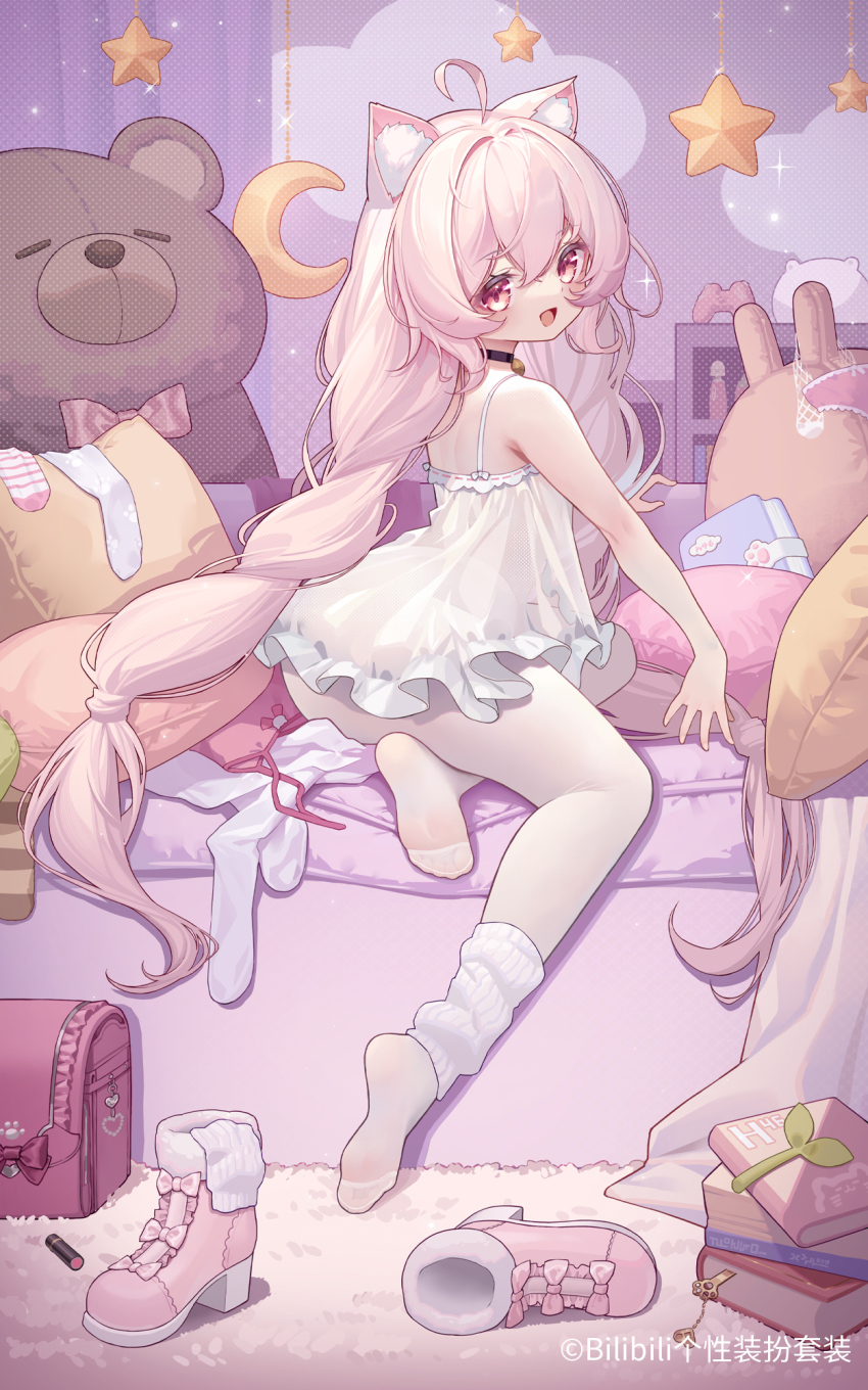 1girl ahoge animal_ear_fluff animal_ears ass backpack bag bell blonde_hair book brown_eyes camisole cat_ears collar feet from_behind highres kneepits leg_warmers legs long_hair looking_back neck_bell no_shoes no_tail open_mouth original pantyhose randoseru shebaotower sitting smile soles solo stuffed_animal stuffed_toy teddy_bear thighs toes twintails very_long_hair white_camisole white_pantyhose