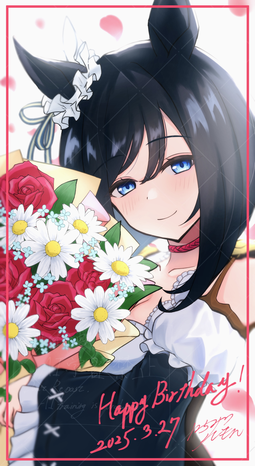 1girl absurdres animal_ears black_hair blue_eyes blush bob_cut bouquet breasts choker cleavage closed_mouth commentary_request dated ear_scrunchie eishin_flash_(umamusume) falling_petals flower hachimii_flash hair_between_eyes happy_birthday highres holding holding_bouquet horse_ears horse_girl large_breasts long_sleeves looking_at_viewer petals red_choker scrunchie short_hair simple_background smile solo swept_bangs umamusume upper_body white_background white_scrunchie