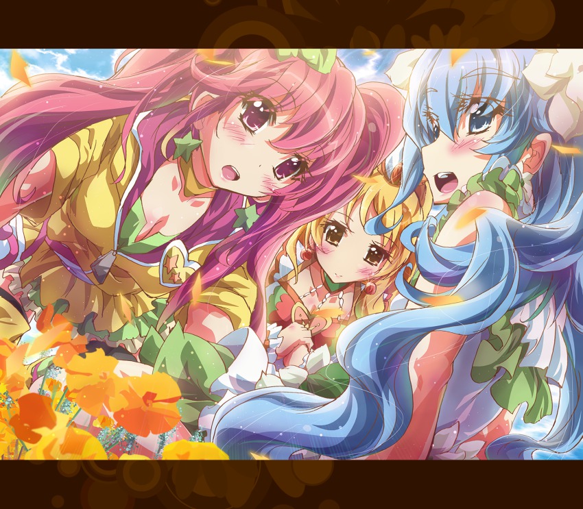 10s 3girls aino_megumi alternate_form alternate_hairstyle blonde_hair blue_eyes blue_hair blush breasts brooch choker cleavage cure_honey cure_honey_(coconut_samba) cure_lovely cure_lovely_(lollipop_hip_hop) cure_princess cure_princess_(macadamia_hula_dance) earrings flower happinesscharge_precure! heart heart_brooch highres inoshishi_(ikatomo) jewelry letterboxed long_hair multiple_girls oomori_yuuko open_mouth petals pink_eyes pink_hair precure shirayuki_hime small_breasts smile star_(symbol) star_earrings twintails yellow_eyes