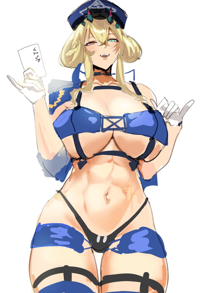 1girl absurdres azur_lane baltimore_(azur_lane) baltimore_(azur_lane)_(cosplay) baltimore_(finish_line_flagbearer)_(azur_lane) barghest_(fate) bikini blonde_hair blue_bikini blue_jacket breasts card choker cosplay cropped_jacket gloves green_eyes hat heterochromia highleg highres holding holding_card horns huge_breasts jacket long_hair navel official_alternate_costume peaked_cap porroll race_queen shorts stomach swimsuit toned toned_female visa