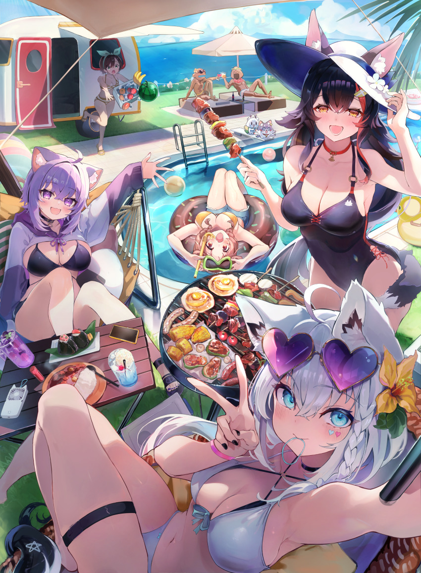 2boys 5girls absurdres afloat ahoge alternate_costume animal_ear_fluff animal_ear_piercing animal_ears aqua_eyes banana bare_shoulders bikini black_hair black_tail blue_eyes blue_sky blush bone_hair_ornament bow braid breasts brown_eyes brown_hair brown_tail cartoon_bone cat_ears cat_girl cat_tail cleavage cloud collar collared_shrug comiket_104 commentary_request corn crossed_bangs curry curry_rice day dog_ears dog_girl dog_tail double-parted_bangs extra_ears eyewear_on_head flower food fox_ears fox_girl fox_tail fruit grill hair_between_eyes hair_flower hair_ornament hairclip hat heart heart-shaped_eyewear highres holding holding_skewer hololive hololive_gamers horizontal-striped_bikini inugami_korone knees_up large_breasts listener_(inugami_korone) long_hair long_sleeves looking_at_viewer miofa_(ookami_mio) multicolored_hair multicolored_tail multiple_boys multiple_girls navel nekomata_okayu nishiro_hato ocean official_alternate_costume on_innertube one-piece_swimsuit onigiri onigirya_(nekomata_okayu) ookami_mio oozora_subaru oozora_subaru_(hololive_summer_2019) open_mouth outdoors patio_umbrella pentagram pool poolside purple_eyes purple_hair purple_shrug red_hair rice sausage selfie shirakami_fubuki short_hair short_shorts shorts shrug_(clothing) side_braid sidelocks single_braid sitting skewer sky smile streaked_hair sukonbu_(shirakami_fubuki) sun_hat sunglasses swept_bangs swimsuit tail tail_around_own_leg tail_wrap thigh_strap twin_braids two-tone_hoodie virtual_youtuber watermelon waving white_bikini white_hair white_hat white_tail wolf_ears wolf_girl wolf_tail yellow_eyes