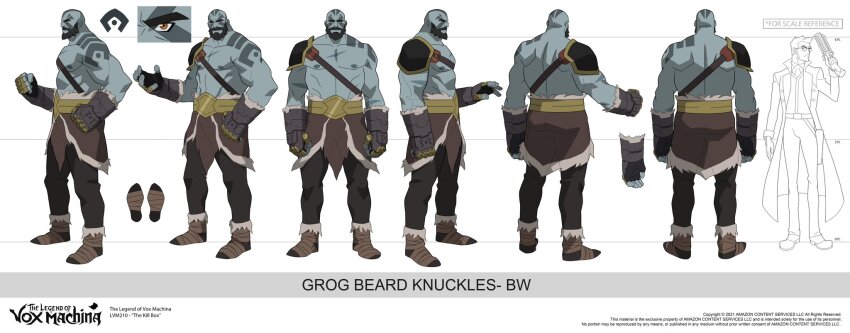 1boy abs armor bald bara bare_pectorals beard brass_knuckles reference_sheet chest_belt chest_harness critical_role dungeons_&amp;_dragons facial_hair from_behind from_side frown full_body grog_strongjaw harness head_tattoo highres large_pectorals looking_at_viewer male_focus multiple_views muscular muscular_male nipples official_art pauldrons pectorals pelvic_curtain phil_bourassa shoulder_armor shoulder_tattoo single_pauldron smile standing stomach straight-on tattoo the_legend_of_vox_machina thick_eyebrows weapon