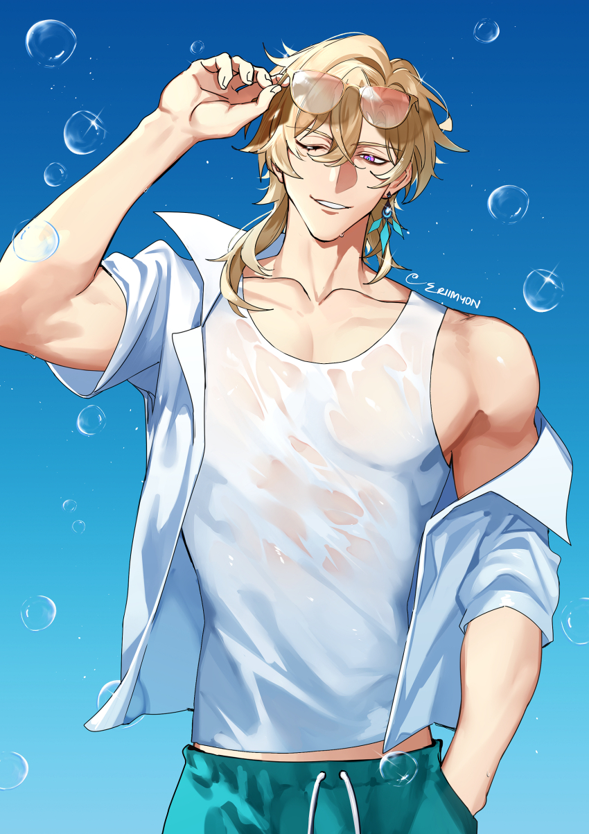 1boy absurdres aqua_shorts aventurine_(honkai:_star_rail) blonde_hair blue_background bubble covered_pectorals earrings eriimyon eyewear_on_head hair_between_eyes highres honkai:_star_rail honkai_(series) jacket jewelry looking_at_viewer male_focus multicolored_eyes muscular muscular_male one_eye_closed open_clothes open_jacket pectoral_cleavage pectorals purple_eyes shirt short_hair shorts simple_background smile solo sunglasses tank_top wet wet_clothes wet_shirt white_jacket white_tank_top