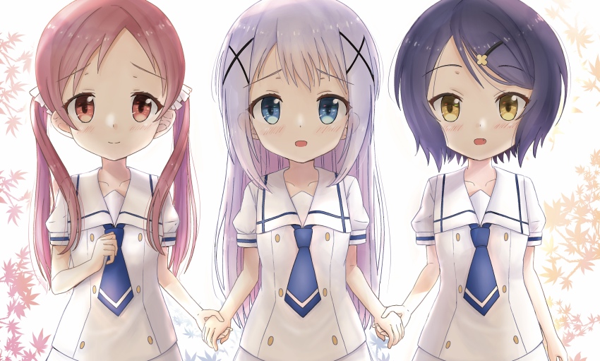 absurdres blue_eyes blue_hair blue_necktie blush brown_eyes dress forehead gochuumon_wa_usagi_desu_ka? hair_ornament hair_scrunchie hairclip highres interlocked_fingers jouga_maya kafuu_chino long_hair natsu_megumi necktie open_mouth own_hands_clasped own_hands_together ray_peng red_eyes red_hair sailor_collar school_uniform scrunchie short_hair short_necktie smile twintails very_long_hair