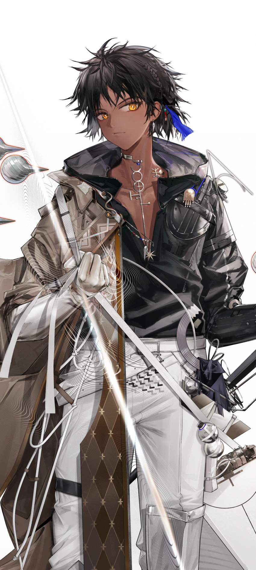 1boy :/ absurdres arknights armor asymmetrical_gloves asymmetrical_sleeves belt black_hair black_shirt braid bright_pupils bubble chinese_commentary closed_mouth commentary_request dark-skinned_male dark_skin earclip earrings feet_out_of_frame gloves greaves hair_ornament highres jewelry looking_to_the_side male_focus mismatched_gloves mismatched_sleeves necklace open_clothes open_shirt orange_eyes pants shirt sideways_glance simple_background solo sparkle standing thorns_(arknights) thorns_the_lodestar_(arknights) turning_head white_background white_belt white_gloves white_pants white_pupils yuuki_mix