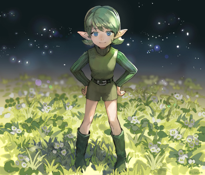1girl belt blue_eyes closed_mouth dress flower green_hair green_hairband hairband hand_on_own_hip hands_on_own_hips kokiri looking_at_viewer nintendo pointy_ears saria_(zelda) sasumata_jirou short_hair shorts smile solo the_legend_of_zelda the_legend_of_zelda:_ocarina_of_time