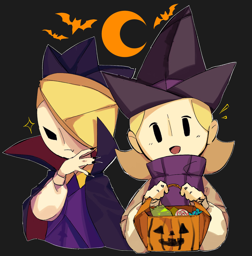 1boy 1girl bat_(animal) black_background black_cape black_crown black_eyes black_hat blonde_hair brother_and_sister bucket candy cape closed_mouth collared_cape collared_vest commentary_request crescent_moon cropped_torso crown determined dress fang fang_out food hair_over_one_eye halloween halloween_bucket halloween_costume happy hat high_collar highres holding holding_bucket king_olly light_frown lollipop long_sleeves mario_(series) medium_hair moon mumumu57hiro nintendo notice_lines olivia_(paper_mario) outline paper_mario paper_mario:_the_origami_king personification pinafore_dress puffy_long_sleeves puffy_sleeves purple_dress purple_vest red_cape shirt short_hair siblings skin_fang sleeveless sleeveless_dress solid_oval_eyes sparkle swirl_lollipop turtleneck turtleneck_dress two-sided_cape two-sided_fabric v-shaped_eyes vampire_costume vest white_outline white_shirt witch witch_hat