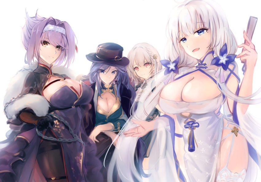 4girls azur_lane biloxi_(azur_lane) biloxi_(dapper_gangstress)_(azur_lane) black_coat black_gloves blue_eyes blue_hair braid braided_ponytail breast_curtains breasts bursting_breasts chain china_dress chinese_clothes cleavage cleavage_cutout clothing_cutout coat dress flower folded_ponytail folding_fan fur_trim garter_straps gloucester_(azur_lane) gloucester_(brilliance_in_purple)_(azur_lane) gloves hair_between_eyes hair_flower hair_ornament hair_over_one_eye half_gloves hand_fan hat highres holding holding_fan illustrious_(azur_lane) illustrious_(maiden_lily&#039;s_radiance)_(azur_lane) large_breasts light_smile long_braid long_hair looking_at_viewer medium_hair mole mole_under_eye multiple_girls official_alternate_costume open_clothes open_coat pantyhose pelvic_curtain purple_hair red_eyes revealing_clothes see-through_clothes shika_(shika0) shrug_(clothing) side_braid side_slit simple_background sirius_(azur_lane) sirius_(azure_horizons)_(azur_lane) sitting thighband_pantyhose very_long_hair white_dress white_gloves white_hair white_legwear yellow_eyes