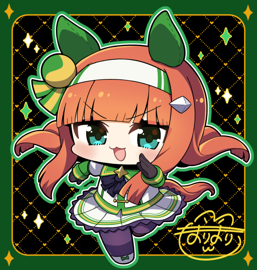 1girl :3 :d animal_ears black_background black_gloves blunt_bangs blush border chibi chibi_only ear_covers full_body gloves green_border green_eyes green_outline highres horse_ears horse_girl horse_tail long_hair long_sleeves looking_at_viewer open_mouth orange_hair outline outside_border pantyhose pleated_skirt plover purple_pantyhose shirt shoes signature silence_suzuka_(umamusume) skirt smile solo standing standing_on_one_leg tail umamusume v-shaped_eyebrows white_shirt white_shoes white_skirt