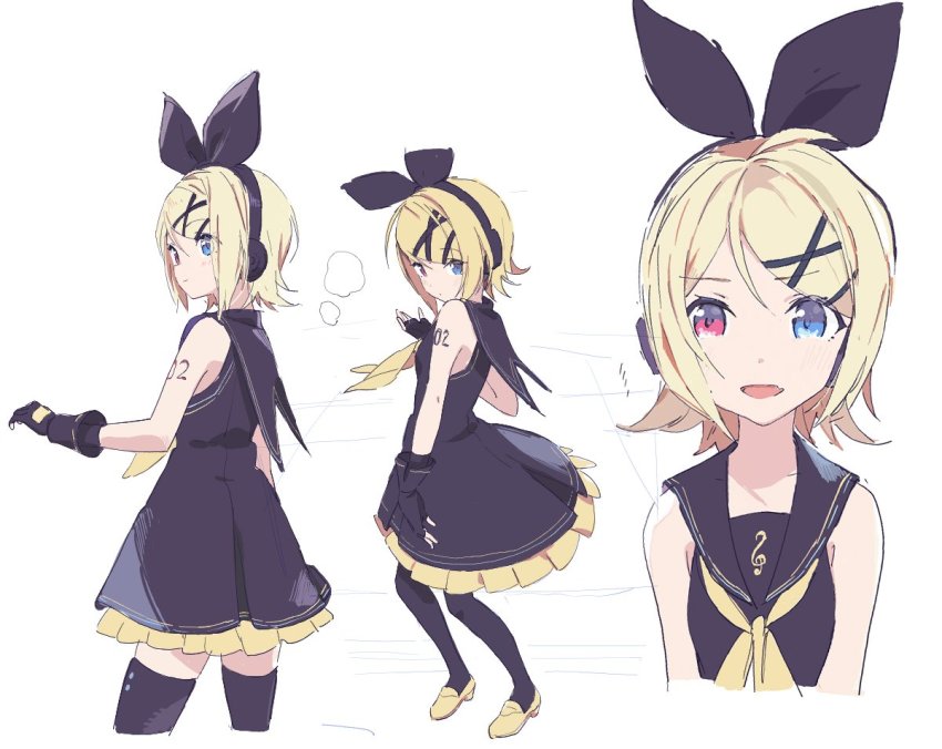 1girl alternate_eye_color black_bow black_dress black_gloves black_sailor_collar black_thighhighs blonde_hair blue_eyes blush bow closed_mouth dress fingerless_gloves frilled_dress frills gloves hair_bow hair_ornament hairclip heterochromia hibimegane kagamine_rin multiple_views neckerchief open_mouth red_eyes sailor_collar sailor_dress shoes short_hair simple_background sleeveless sour_model_(mikumikudance) thighhighs treble_clef vocaloid white_background yellow_neckerchief yellow_shoes