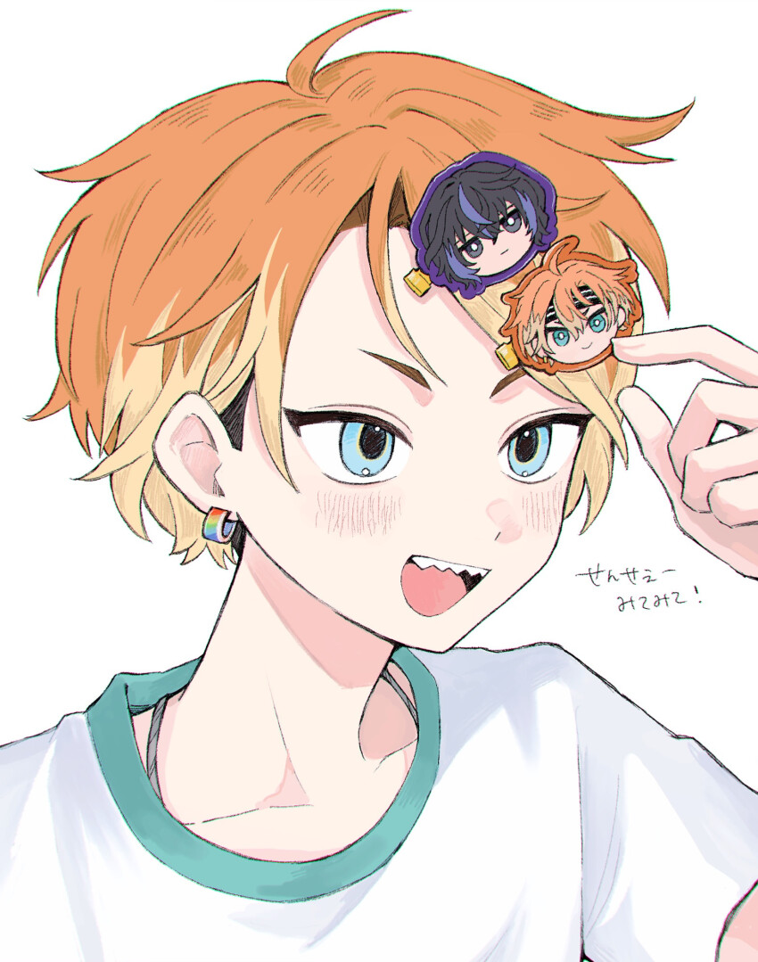 18trip 1boy blonde_hair blue_eyes blush character_hair_ornament collarbone earrings hair_ornament highres isotake_akuta jewelry kinugawa_kiroku male_focus multicolored_hair open_mouth orange_hair sebon_(sebochin) sharp_teeth shirt short_hair simple_background smile solo t-shirt teeth tongue translation_request two-tone_hair upper_teeth_only white_background white_shirt