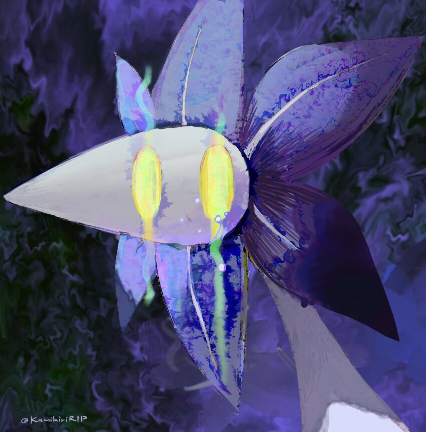 abstract abstract_background creature game_freak glimmet highres kamikiririp nintendo no_humans plant pokemon purple_petals solo yellow_eyes