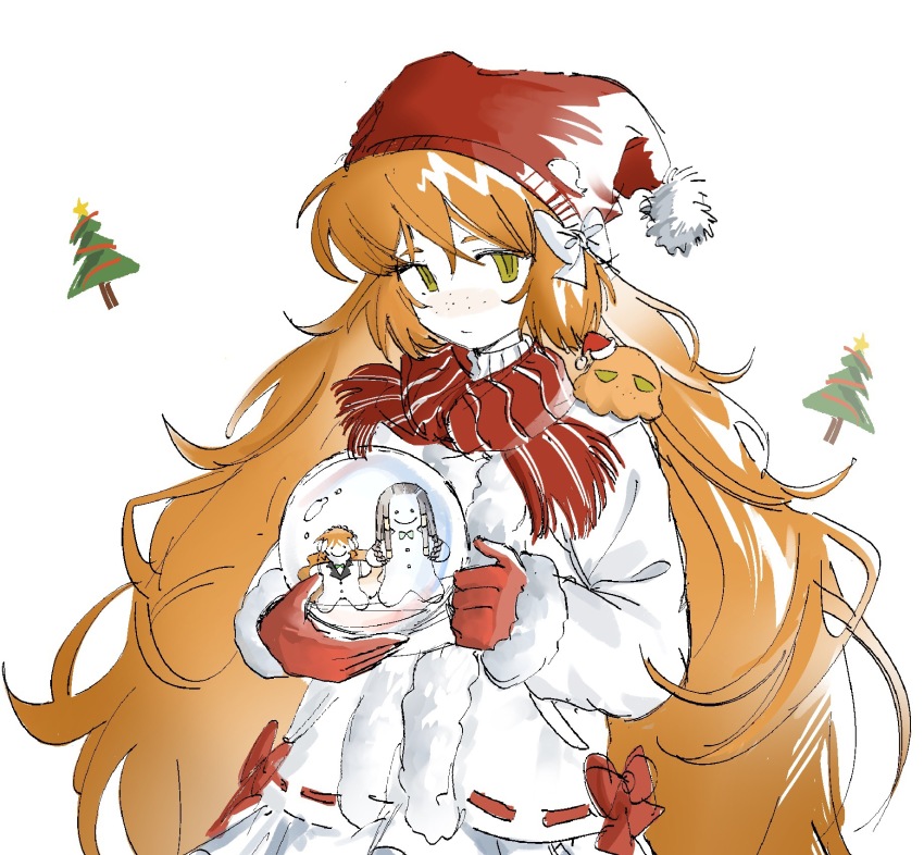 1girl animal animal_on_shoulder animalization bow christmas christmas_tree freckles fur-trimmed_jacket fur_trim gloves green_eyes hair_bow hat highres holding holding_snow_globe humian0101 ishmael_(project_moon) jacket jacket_bow limbus_company long_hair long_sleeves looking_at_viewer octopus orange_hair person_and_animalization project_moon queequeg_(project_moon) red_bow red_gloves red_hat red_scarf ribbon-trimmed_jacket santa_hat scarf simple_background skirt smile snow_globe snowman solo turtleneck upper_body very_long_hair white_background white_bow white_jacket