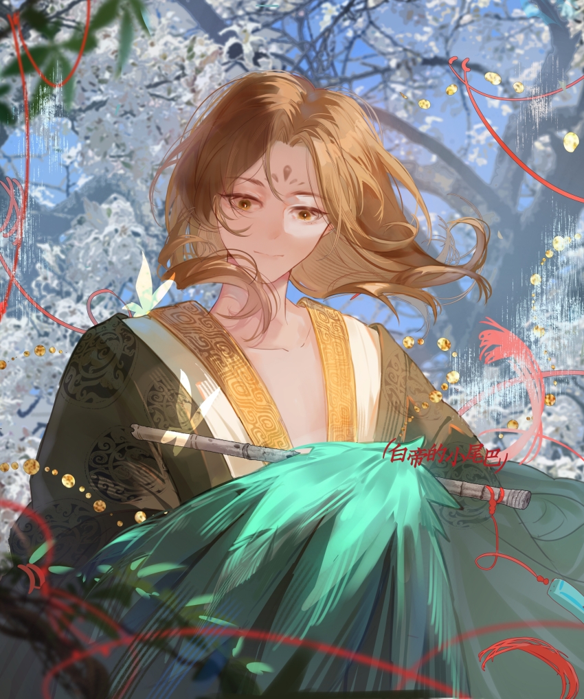 1boy absurdres artist_name baidi_de_xiao_weiba bird_wings blue_sky blurry blurry_background brown_eyes brown_hair brown_hanfu chinese_clothes closed_mouth floating_hair flower flute getian_(reverse:1999) green_wings hanfu harpy_boy highres holding holding_instrument instrument looking_at_viewer male_focus medium_hair monster_boy reverse:1999 sky smile solo string tree upper_body white_flower winged_arms wings