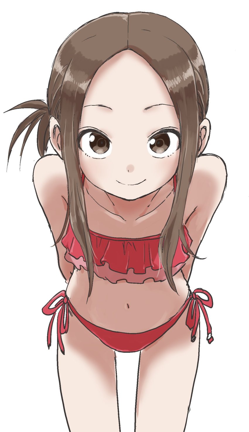 10s 1girl alternate_hairstyle arms_behind_back bare_arms bare_legs bare_shoulders bikini brown_eyes brown_hair closed_mouth collarbone commentary_request cowboy_shot female_focus frilled_bikini frills highres karakai_jouzu_no_takagi-san leaning_forward legs_apart looking_at_viewer navel red_bikini short_hair side-tie_bikini_bottom side_ponytail simple_background smile solo standing stomach swimsuit takagi-san takahashi_rie takahashi_rie_(voice_actor) voice_actor_connection white_background yamamoto_souichirou