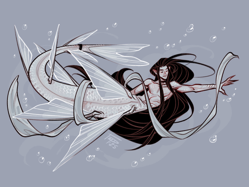 1boy alternate_species black_hair closed_eyes collarbone colored_skin cursed_shackle dated facial_mark fins fmd forehead_mark gills grey_background long_hair male_focus merman monster_boy nude open_mouth ribbon signature smile solo tianguan_cifu underwater very_long_hair white_ribbon white_scales white_skin white_theme xie_lian