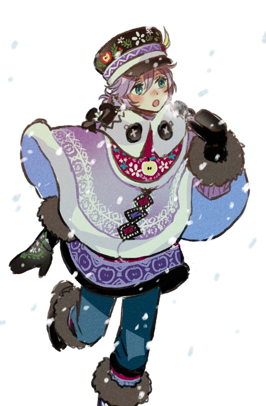1boy blue_eyes boots breath capelet commentary_request epel_felmier foot_out_of_frame funuyu hat highres male_focus mittens purple_capelet purple_hair short_hair snowing solo standing standing_on_one_leg twisted_wonderland white_background