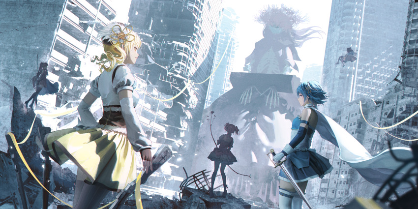 3d_background 6+girls animal_ear_headwear animal_ears ankle_bow ankle_ribbon armlet back_cutout bare_shoulders battle beanie belt beret black_capelet black_corset black_dress black_hat black_thighhighs blonde_hair blue_belt blue_eyes blue_hair blue_shirt blue_skirt blue_sleeves boots bow bow_(weapon) brown_boots brown_gloves brown_hat cape capelet cat_ears city closed_mouth clothing_cutout collared_cape collared_shirt corset day detached_sleeves dress drill_hair earflap_beanie fake_animal_ears fingerless_gloves floating floating_clothes floating_hair flower flower_hairpin fortissimo frilled_dress frilled_shirt frilled_socks frills full_body giant giantess gloves gown grey_thighhighs gun hair_bow hair_ornament hairclip hand_on_own_hip hat hat_feather high_collar high_heels highres holding holding_bow_(weapon) holding_gun holding_polearm holding_sword holding_weapon homulilly honkai_(series) jewelry jiao_(dumpling_6040) kaname_madoka kaname_madoka_(magical_girl) kneehighs leg_ribbon long_dress long_hair long_sleeves magical_musket mahou_shoujo_madoka_magica mahou_shoujo_madoka_magica:_hangyaku_no_monogatari miki_sayaka miki_sayaka_(magical_girl) miniskirt momoe_nagisa momoe_nagisa_(magical_girl) multiple_girls musical_note musical_note_hair_ornament orange_cloak outdoors parody pink_bow pink_dress pink_hair pink_shoes pink_skirt pleated_skirt polearm pom_pom_(clothes) ponytail post-apocalypse puffy_long_sleeves puffy_short_sleeves puffy_sleeves pumps red_dress red_hair ribbon ruins sakura_kyoko sakura_kyoko_(magical_girl) shirt shoes short_dress short_sleeves short_twintails skeleton skirt skirt_under_dress sky smile socks spear spider_lily square_neckline standing strapless strapless_shirt sword thigh_belt thigh_boots thigh_strap thighhighs tomoe_mami tomoe_mami_(magical_girl) twin_drills twintails two-tone_shirt weapon white_cape white_gloves white_hair white_shirt white_skirt white_sky white_sleeves white_socks white_thighhighs witch_(madoka_magica) yellow_eyes yellow_ribbon yellow_skirt