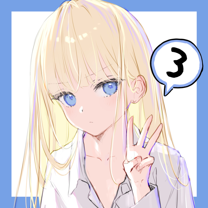 1girl blonde_hair blue_eyes blush closed_mouth collarbone collared_shirt commentary finger_counting frown highres hikikomori-chan_(mignon) long_hair looking_at_viewer mignon open_collar original portrait shirt simple_background solo straight_hair white_shirt