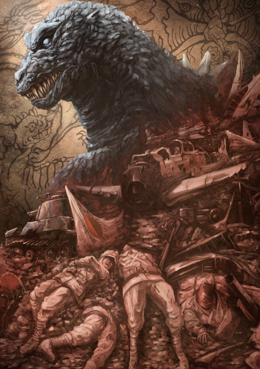 4boys aircraft airplane baragon_(godzilla) bug cave_paintings colored_sclera corpse dai_toro death dinosaur dragon epic fighter_jet flag godzilla godzilla,_mothra_and_king_ghidorah:_giant_monsters_all-out_attack godzilla_(series) gun highres hydra insect kaiju king_ghidorah military military_vehicle moth mothra motor_vehicle multiple_boys no_pupils possessed soldier tank toho weapon white_eyes world_war_ii