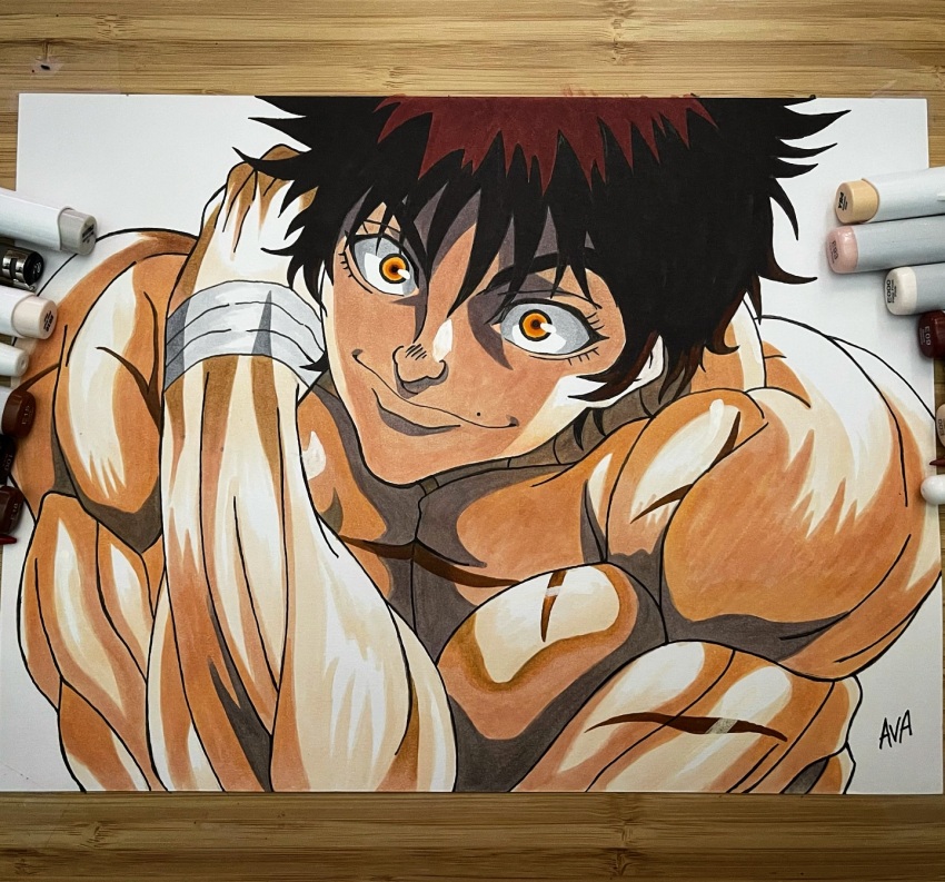 1boy art_tools_in_frame bandaged_arm bandages brown_hair commentary draw_with_aid english_commentary grappler_baki hanma_baki highres making-of_available male_focus marker_(medium) muscular muscular_male official_art official_style orange_eyes photo_(medium) scar scar_on_arm scar_on_chest scar_on_shoulder signature smile solo topless_male traditional_media upper_body
