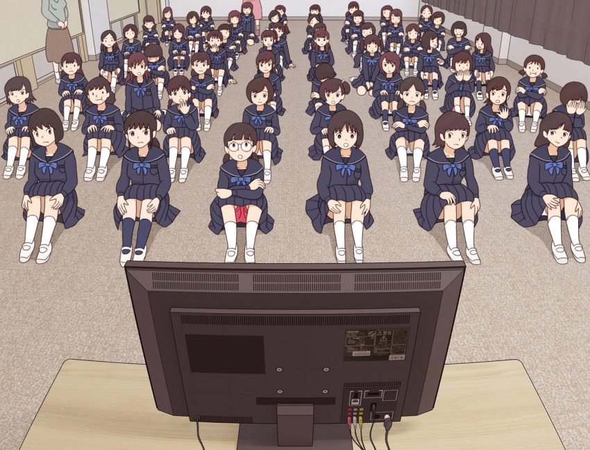 6+girls :i :t bike_shorts bike_shorts_under_skirt black_hair black_serafuku black_skirt blue_bow blue_bowtie blue_socks bow bowtie brown_hair crossed_arms glasses hand_to_own_mouth hands_on_own_face hands_on_own_knees hugging_own_legs kiyo_(kyokyo1220) long_hair multiple_girls on_floor open_mouth original panties pink_panties pleated_skirt ponytail sailor_collar school_uniform serafuku sex_ed shoes short_hair shorts side_ponytail sitting skirt socks solid_circle_eyes teacher television twintails underwear upskirt watching_television white_panties white_shoes white_socks