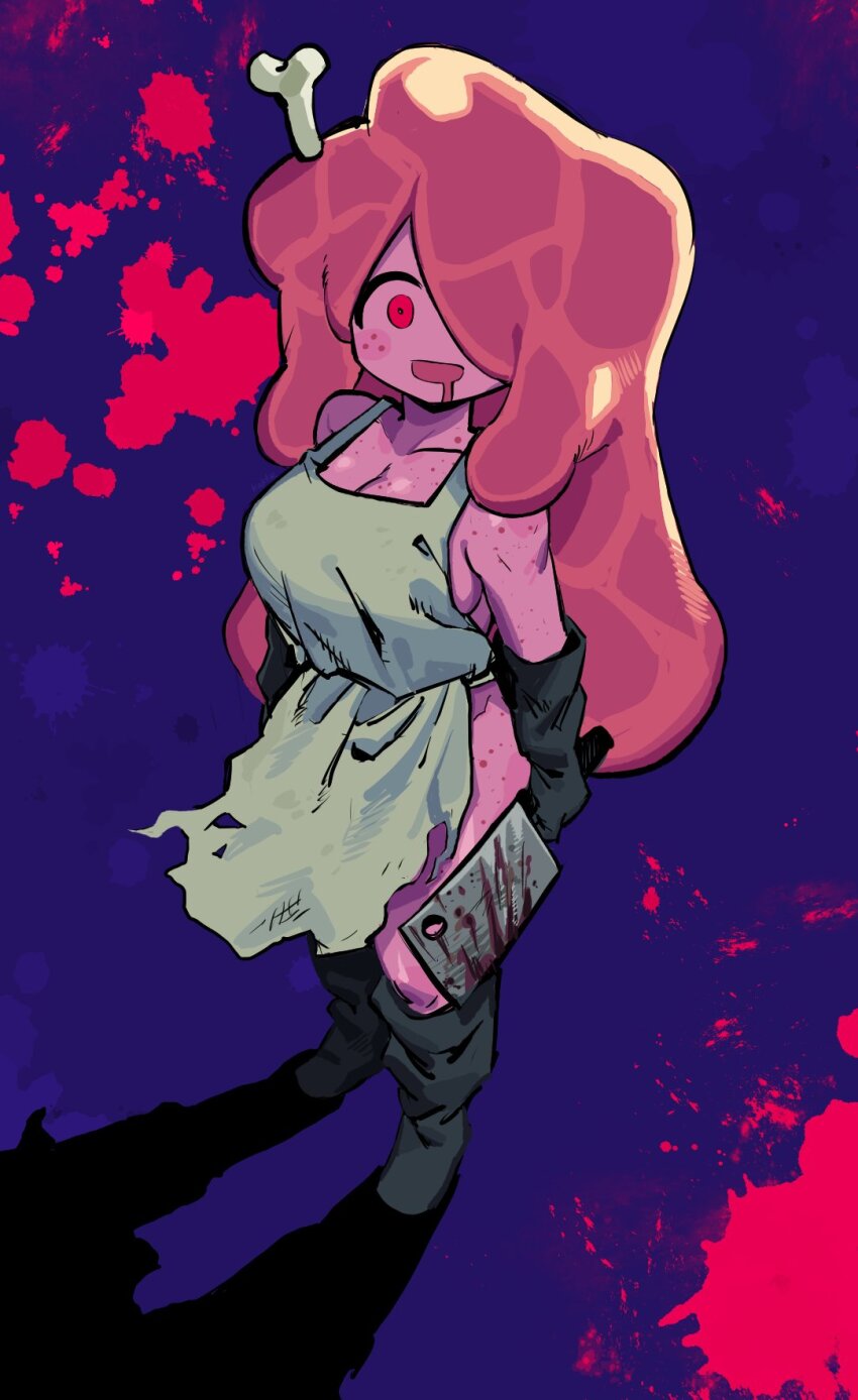 1girl apron black_gloves blood blood_splatter blue_background bone cleaver colored_skin drooling flesh full_body gloves grey_apron hair_over_one_eye highres holding holding_knife knife long_hair looking_at_viewer mouth_drool naked_apron original pink_hair pink_skin red_eyes rubber_gloves satanmanse solo standing torn_apron torn_clothes very_long_hair