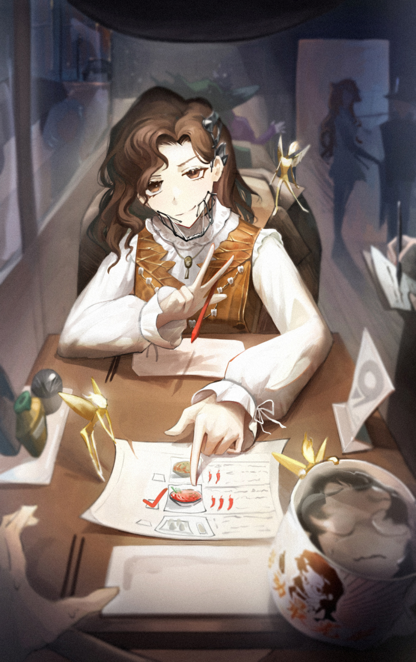 &gt;:) 1other 6+girls between_fingers black_hair blurry blurry_background braces brown_eyes brown_hair chopsticks clipboard cup dress fairy glasses hands_up highres holding holding_pencil index_finger_raised indoors isolde_(reverse:1999) jewelry kakania_(reverse:1999) long_hair long_sleeves looking_at_viewer maliketh menu mug multiple_girls necklace pencil pointing pov pov_across_table pov_hands red_dress reflection reflective_water restaurant reverse:1999 shirt sitting smile solo_focus sonetto_(reverse:1999) straight-on table tooth_fairy_(reverse:1999) tooth_necklace v-shaped_eyebrows vertin_(reverse:1999) w wavy_mouth white_shirt writing z_(reverse:1999)