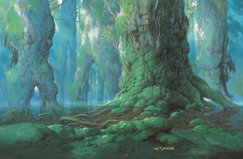 dated day forest highres lake light_particles light_rays mononoke_hime moss nature no_humans official_art outdoors painting_(medium) partially_immersed plant plant_roots scan signature sunbeam sunlight third-party_source traditional_media tree yamamoto_nizo