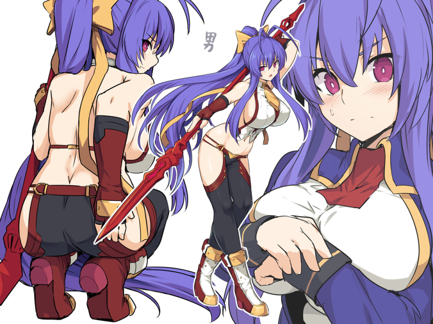1girl antenna_hair ass backless_outfit bare_shoulders black_pants blazblue blazblue:_central_fiction blazblue_variable_heart blue_hair blush boots bow breasts butt_crack closed_mouth commentary_request full_body genderswap genderswap_(mtf) hair_between_eyes hair_bow halterneck halterneck holding holding_polearm holding_spear holding_weapon large_breasts long_hair looking_at_viewer lowleg lowleg_pants mai_natsume multiple_views orange_bow outseal pants parted_lips polearm ponytail red_eyes revealing_clothes shiseki_hirame shoe_soles sideboob simple_background spear squatting very_long_hair weapon white_background yellow_bow