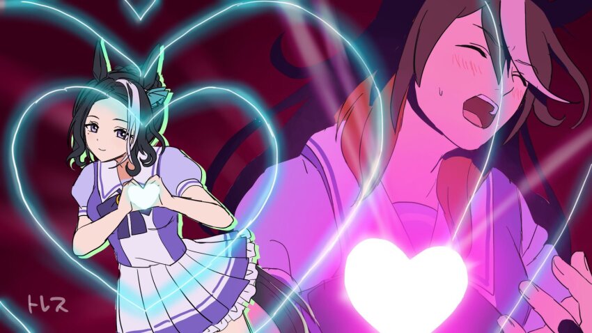 2girls :o animal_ears aqua_ascot awestruck black_hair black_tail blush bow bowtie braid braided_bun brown_hair bucchigiri?! closed_eyes colored_shadow commentary_request derivative_work drop_shadow ear_ornament ending_song frilled_skirt frills glowing_heart hair_between_eyes hair_bun heart heart_hands heart_on_chest highres horse_ears horse_girl horse_tail horseshoe_ornament love_je_t&#039;aime lovestruck mejiro_ramonu_(umamusume) mole mole_under_eye multicolored_hair multiple_girls open_mouth parody pleated_skirt pose_imitation projected_inset puffy_short_sleeves puffy_sleeves purple_bow purple_bowtie purple_eyes purple_shirt purple_skirt red_background sailor_collar sailor_shirt scene_reference school_uniform shadow shirt short_sleeves skirt small_sweatdrop smile so_moe_i&#039;m_gonna_die! streaked_hair summer_uniform symboli_rudolf_(umamusume) tail teeth tracen_school_uniform umamusume upper_body upper_teeth_only white_hair white_sailor_collar white_skirt yuri yuuki_sasami