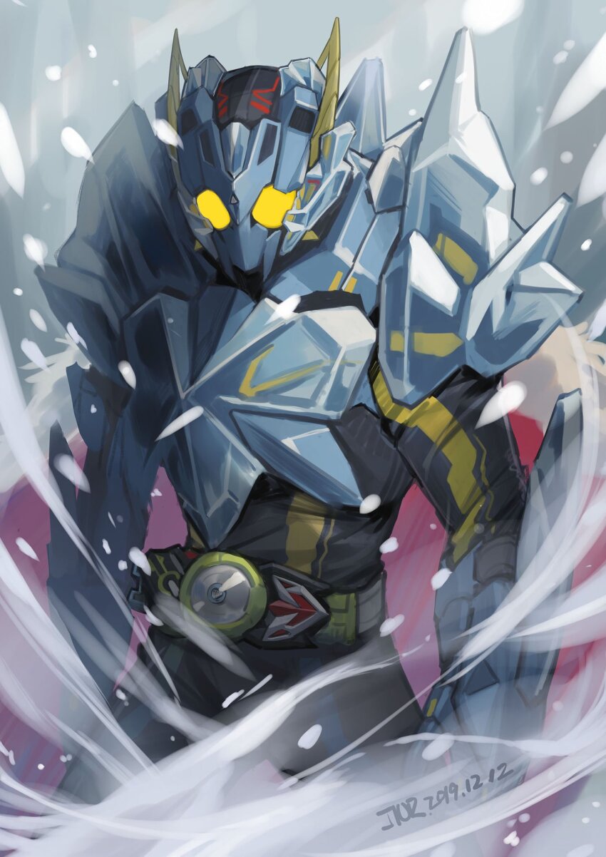 1boy 2019 alternate_costume antennae armor bear blizzard blue_armor bug dated rider_belt freezing_bear grasshopper highres insect jiuri_jiuhao kamen_rider kamen_rider_01_(series) kamen_rider_zero-one male_focus mixed-language_commentary official_alternate_costume polar_bear progrise_key rider_belt tokusatsu translucent winter yellow_eyes zero_one_driver