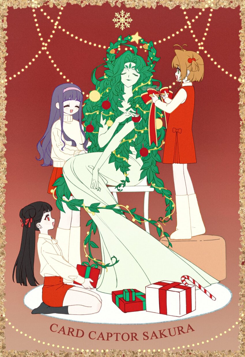4girls black_hair bow brown_hair candy candy_cane cardcaptor_sakura character_name character_request christmas christmas_ornaments clow_card daidouji_tomoyo decorating double_bun dress english_text food gift hair_bun highres kinomoto_sakura li_meiling ludaoqing multiple_girls purple_hair red_background red_bow red_dress red_shirt red_skirt shirt sitting skirt snowflakes sweater white_background white_sweater