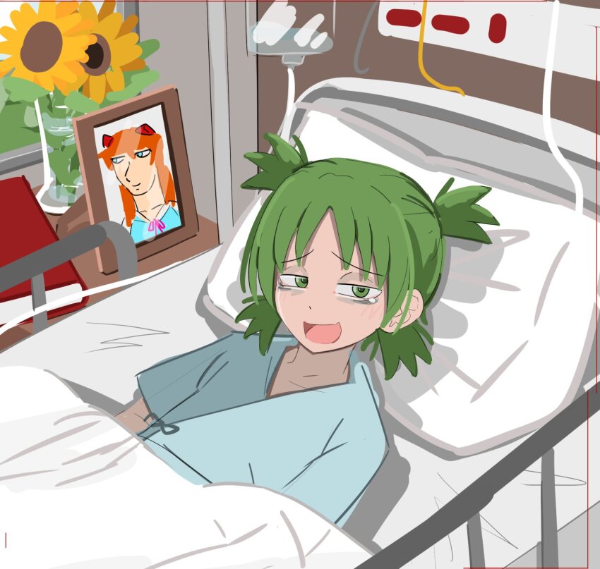 4chan bags_under_eyes bed child flower green_eyes green_hair highres hospital hospital_bed hospital_gown iv_stand koiwai_yotsuba kurokimoko looking_at_viewer neon_genesis_evangelion on_bed pillow quad_tails souryuu_asuka_langley sunflower under_covers yotsubato!