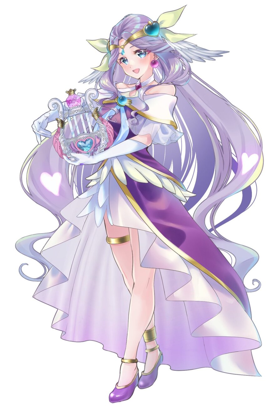 1girl blue_eyes bracelet breasts brooch cure_earth dress earrings earth_windy_harp elbow_gloves full_body fuurin_asumi gloves harp head_wings healin&#039;_good_precure highres instrument jewelry long_hair looking_at_viewer medium_breasts minccino7 precure purple_dress purple_hair purple_shoes shoes simple_background solo tiara wavy_hair white_background wings