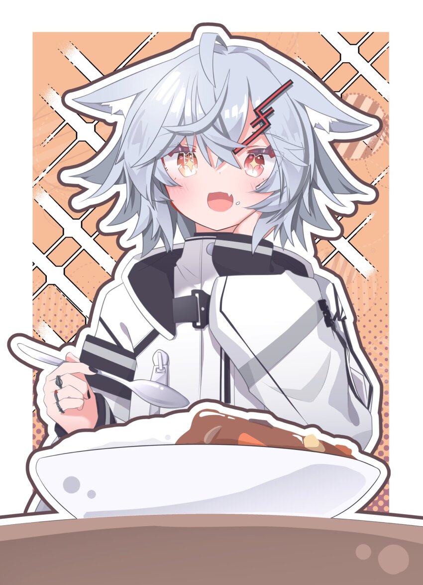 +_+ 1girl :d ahoge animal_ear_fluff animal_ears blush curry curry_rice fang food food_on_face grey_hair hair_between_eyes hair_ornament hairclip halftone hand_on_own_cheek hand_on_own_face highres holding holding_spoon jacket jewelry long_sleeves looking_at_viewer open_mouth orange_eyes original outline red_eyes rice rice_on_face ring satoh_vrc shirt short_hair skin_fang sleeves_past_wrists smile solo spoon upper_body vrchat white_jacket white_outline